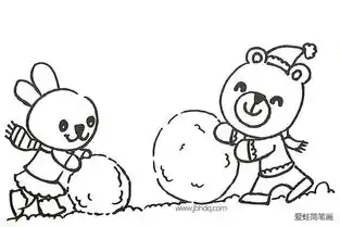 画小熊和小兔滚滚球的简笔画
