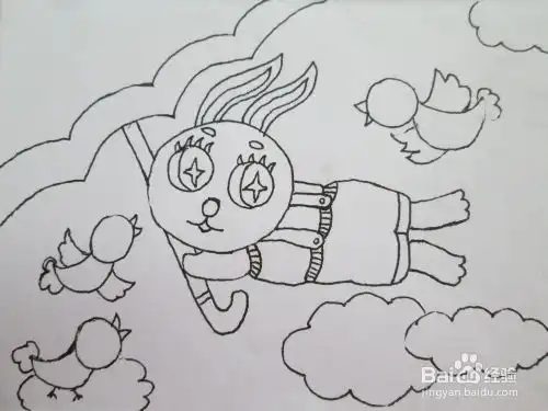 黑白线描画被大风吹起来的小兔子作画步骤
